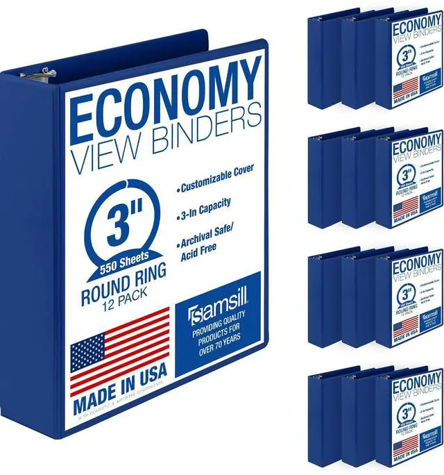 Main image of 3 Inch 3 Ring Binders, Economy Round Ring, Clear View Cover, 550 Sheet Capacity - for School, Home, Office - Blue, 12 Pack