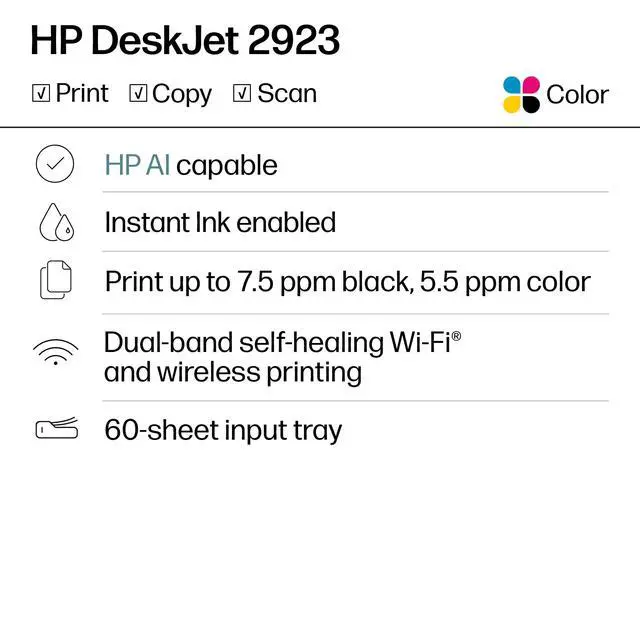 Alt view image 2 of 6 - DeskJet 2923 Wireless All-in-One Color Inkjet Printer, Scanner, Copier, 6 Month Trial of Instant Ink Included, AI-Capable (B18JWA)