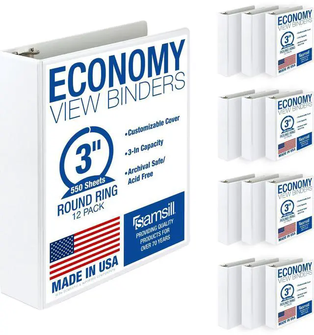 Main image of 3 Inch 3 Ring Binders, Economy Round Ring, Clear View Cover, 550 Sheet Capacity - for School, Home, Office - White, 12 Pack