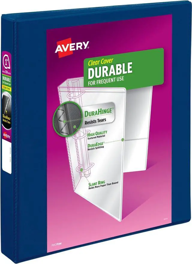 Main image of Durable View 3 Ring Binder, 1 Inch Slant Rings, 250-Sheet Capacity, DuraHinge, 1.4 Inch Wide Spine, Customizable Clear Covers and Spine, 1 Dark Blue Binder (17014) (Pack of 12)