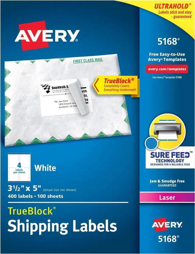 Main image of Printable Shipping Labels with Sure Feed, 3-1/2" x 5", White, 400 Blank Mailing Labels for Laser Printers (5168) (Pack of 5)