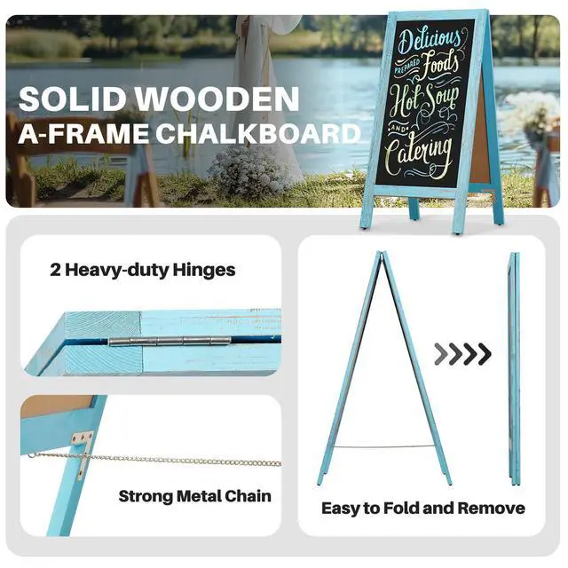 Alt view image 2 of 6 - A-Frame Chalkboard 40" x 20", Chalk Board Sign Board Magnetic Sandwich Board Pine Wooden Freestanding Double-Sided Chalkboard Easel for Restaurant Cafe Shop Wedding Party, Blue