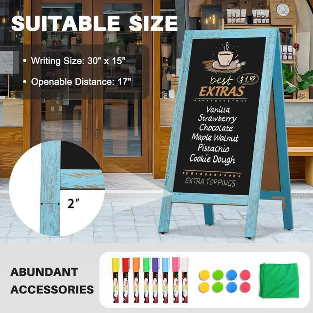 Alt view image 3 of 6 - A-Frame Chalkboard 40" x 20", Chalk Board Sign Board Magnetic Sandwich Board Pine Wooden Freestanding Double-Sided Chalkboard Easel for Restaurant Cafe Shop Wedding Party, Blue
