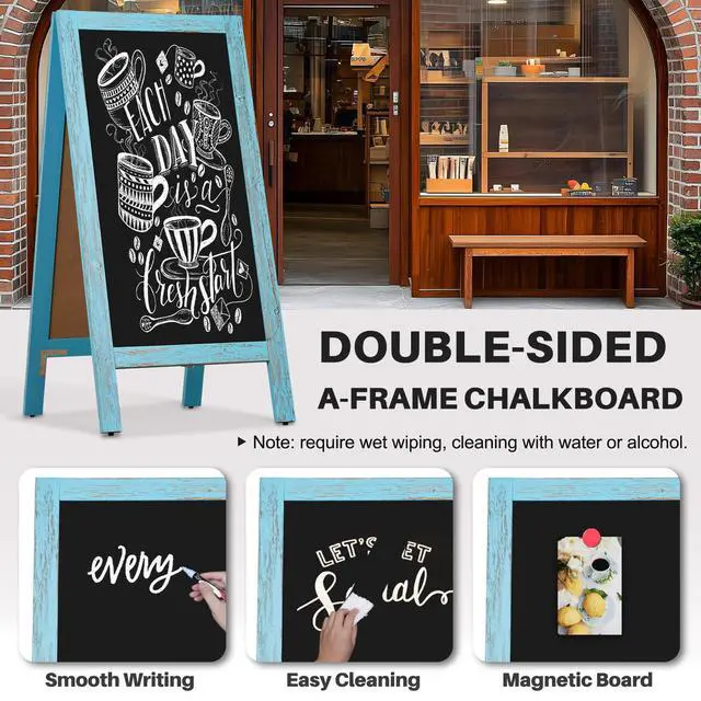 Alt view image 4 of 6 - A-Frame Chalkboard 40" x 20", Chalk Board Sign Board Magnetic Sandwich Board Pine Wooden Freestanding Double-Sided Chalkboard Easel for Restaurant Cafe Shop Wedding Party, Blue