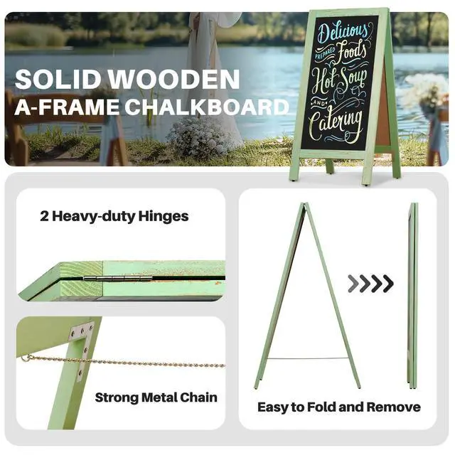 Alt view image 2 of 6 - A-Frame Chalkboard 40" x 20", Double Sided Chalk Board Sign Board Freestanding Magnetic Sandwich Board Pine Wooden Chalkboard Easel for Cafe Shop Restaurant Wedding Party, Green