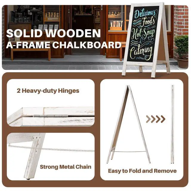 Alt view image 2 of 6 - A-Frame Double-Sided Magnetic Chalkboard 40"x20", Solid Pine Wood Freestanding Sandwich Board for Restaurants, Cafes, Weddings (Rustic White)