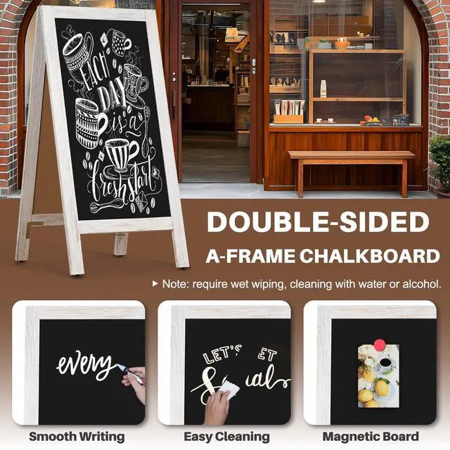 Alt view image 4 of 6 - A-Frame Double-Sided Magnetic Chalkboard 40"x20", Solid Pine Wood Freestanding Sandwich Board for Restaurants, Cafes, Weddings (Rustic White)