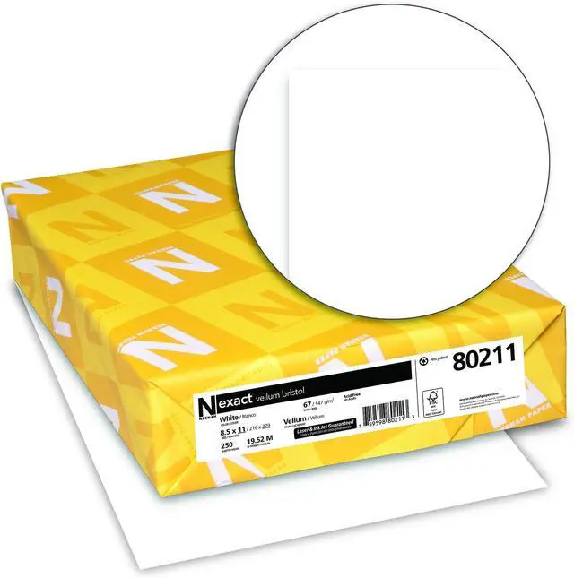 Main image of Wausau Papers Exact Vellum Bristol,8.5" x 11",67 lb/147 gsm,White,94 Brightness,250 Sheets (80211),(Pack of 8)
