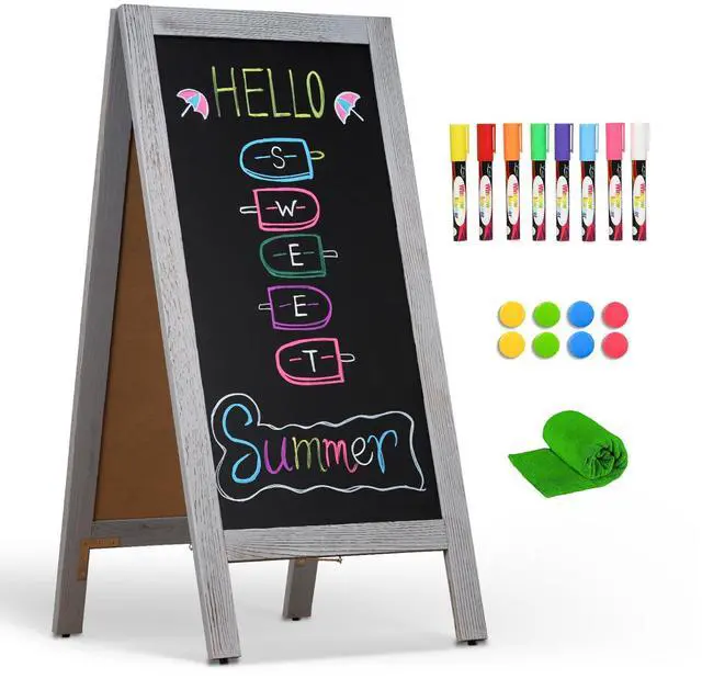 Main image of Double-Sided Magnetic Chalkboard 40"x20" A-Frame - Vintage Pine Wood Sign Board with Windproof Base, 8 Markers & Magnets for Restaurant/Cafe/Retail (Grey)
