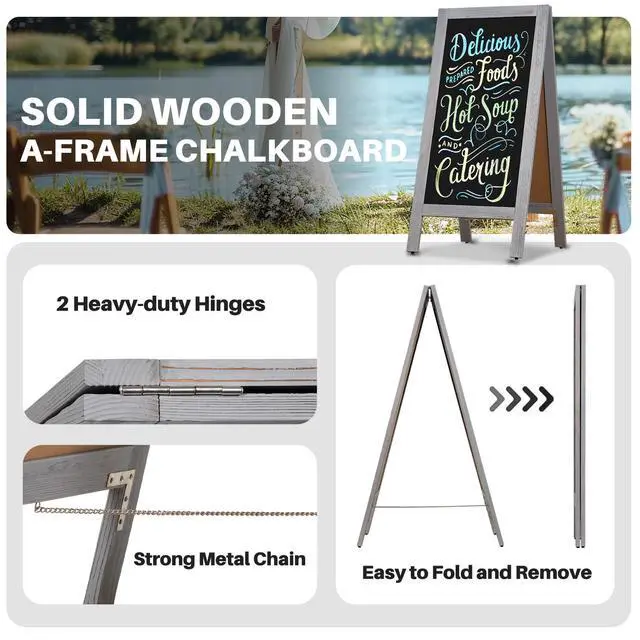Alt view image 2 of 6 - Double-Sided Magnetic Chalkboard 40"x20" A-Frame - Vintage Pine Wood Sign Board with Windproof Base, 8 Markers & Magnets for Restaurant/Cafe/Retail (Grey)