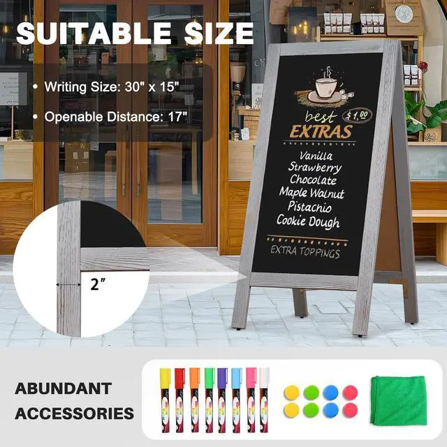 Alt view image 3 of 6 - Double-Sided Magnetic Chalkboard 40"x20" A-Frame - Vintage Pine Wood Sign Board with Windproof Base, 8 Markers & Magnets for Restaurant/Cafe/Retail (Grey)