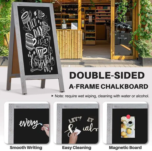 Alt view image 4 of 6 - Double-Sided Magnetic Chalkboard 40"x20" A-Frame - Vintage Pine Wood Sign Board with Windproof Base, 8 Markers & Magnets for Restaurant/Cafe/Retail (Grey)
