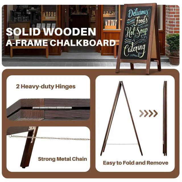 Alt view image 2 of 6 - A-Frame Double-Sided Magnetic Chalkboard 40"x20", Solid Pine Wood Freestanding Sandwich Board for Cafes, Restaurants, Weddings (Rustic Brown)