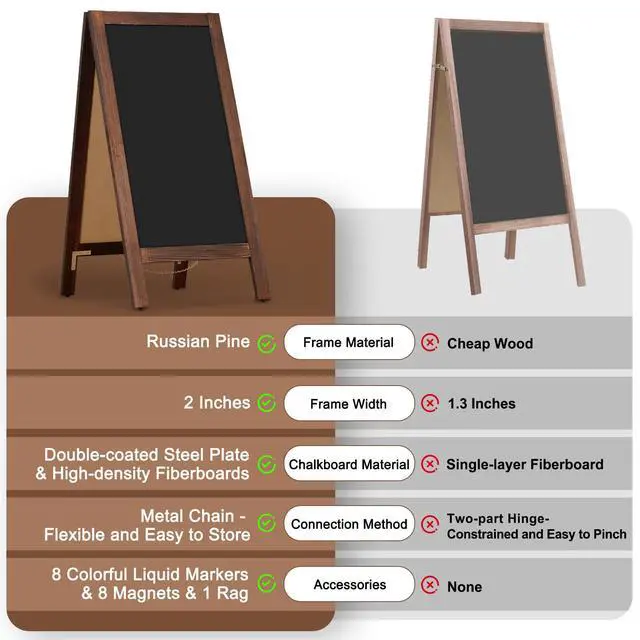 Alt view image 3 of 6 - A-Frame Double-Sided Magnetic Chalkboard 40"x20", Solid Pine Wood Freestanding Sandwich Board for Cafes, Restaurants, Weddings (Rustic Brown)