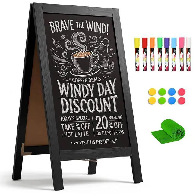 Main image of A-Frame Double-Sided Magnetic Chalkboard 40"x20", Solid Pine Wood Freestanding Sandwich Board for Restaurants, Cafes, Weddings (Black)