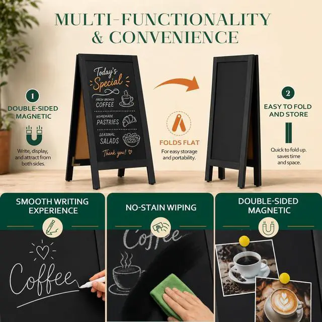 Alt view image 2 of 6 - A-Frame Double-Sided Magnetic Chalkboard 40"x20", Solid Pine Wood Freestanding Sandwich Board for Restaurants, Cafes, Weddings (Black)
