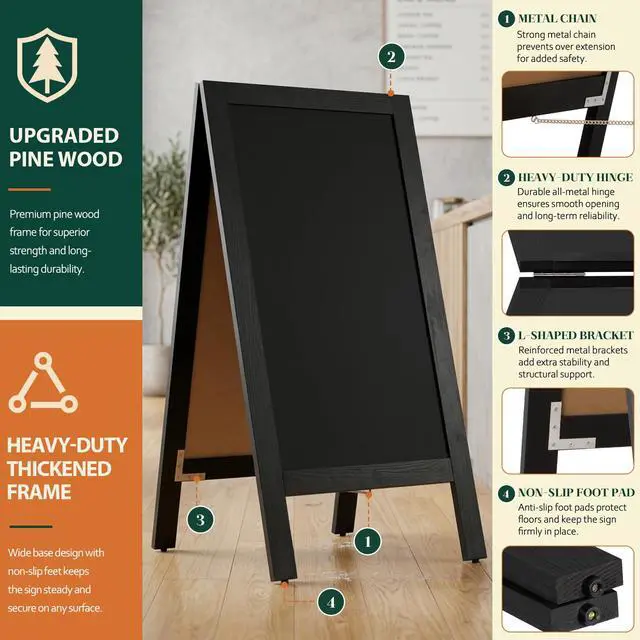 Alt view image 4 of 6 - A-Frame Double-Sided Magnetic Chalkboard 40"x20", Solid Pine Wood Freestanding Sandwich Board for Restaurants, Cafes, Weddings (Black)