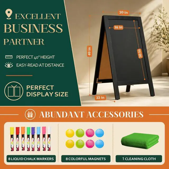 Alt view image 5 of 6 - A-Frame Double-Sided Magnetic Chalkboard 40"x20", Solid Pine Wood Freestanding Sandwich Board for Restaurants, Cafes, Weddings (Black)
