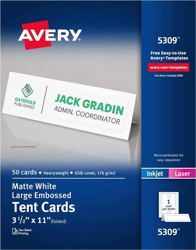 Main image of Printable Tent Cards, 3.5" x 11", White with Embossed Border, 50 Blank Place Cards for Laser and Inkjet Printers (5309) (Pack of 5)