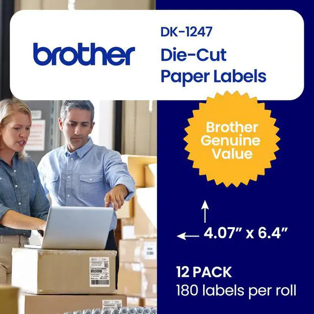 Alt view image 3 of 6 - Genuine DK-124712PK Die-Cut Large Shipping Labels, 4.07 in x 6.4 in (103 mm x 164 mm), White Paper Labels, 180 per Roll, 12 Rolls per Box, for use with Select QL Label Printers