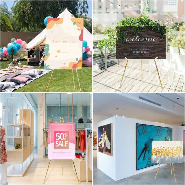 Alt view image 6 of 6 - Easel Stand for Wedding Sign Poster 63'' Instant Display Easel for Floor Adjustable Metal Art Easel Gold 3 Pack