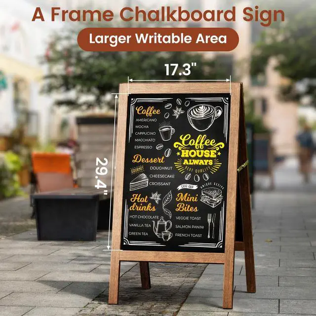 Alt view image 2 of 6 - A Frame Chalkboard Sign, 40"x20", Brown | Sidewalk Chalk Board Wooden Standing ChalkBoards Set with Marker Double-Sided Magnetic Blackboard for Cafés Weddings Party