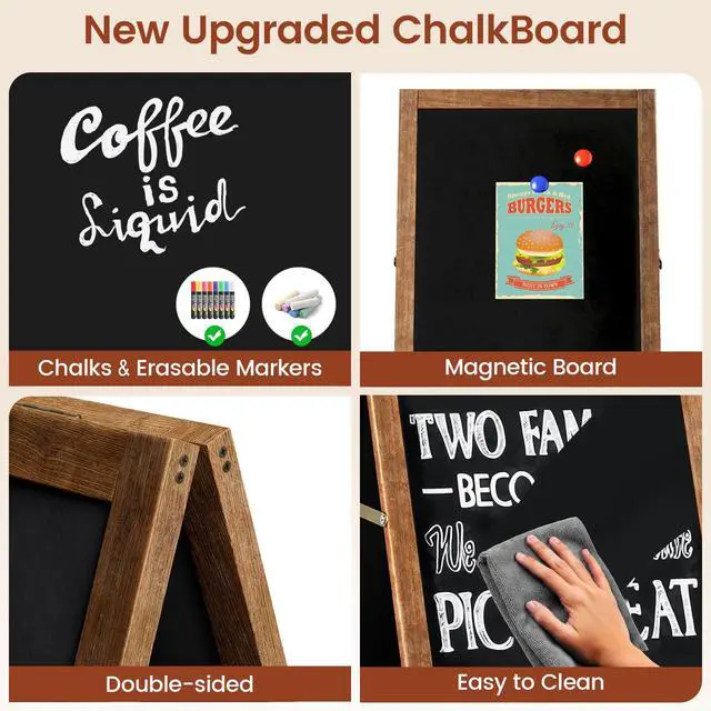Alt view image 3 of 6 - A Frame Chalkboard Sign, 40"x20", Brown | Sidewalk Chalk Board Wooden Standing ChalkBoards Set with Marker Double-Sided Magnetic Blackboard for Cafés Weddings Party