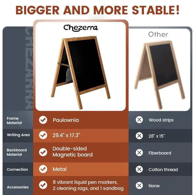Alt view image 4 of 6 - A Frame Chalkboard Sign, 40"x20", Brown | Sidewalk Chalk Board Wooden Standing ChalkBoards Set with Marker Double-Sided Magnetic Blackboard for Cafés Weddings Party
