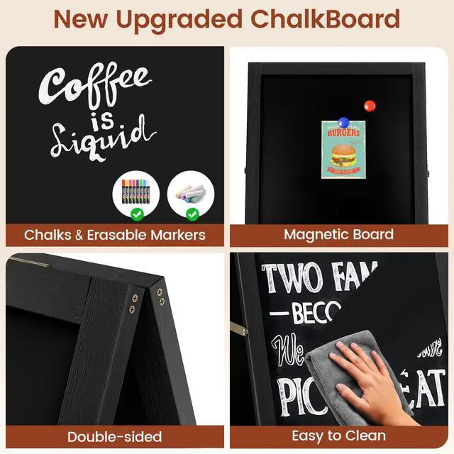 Alt view image 3 of 6 - A Frame Chalkboard Sign, 40"x20", Black | Sidewalk Chalk Board Wooden Standing ChalkBoards Set with Marker Double-Sided Magnetic Blackboard for Cafés Weddings Party