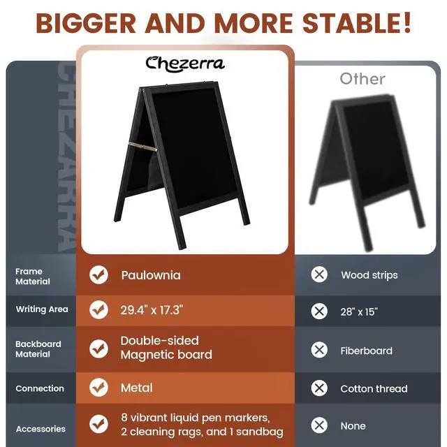 Alt view image 4 of 6 - A Frame Chalkboard Sign, 40"x20", Black | Sidewalk Chalk Board Wooden Standing ChalkBoards Set with Marker Double-Sided Magnetic Blackboard for Cafés Weddings Party