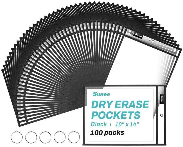 Main image of 100 Packs Oversized Reusable Dry Erase Pocket Sleeves with 5 Rings, Black 10x14 Ticket Holders, Clear Plastic Sheet Protectors, Teacher School Classroom Supplies