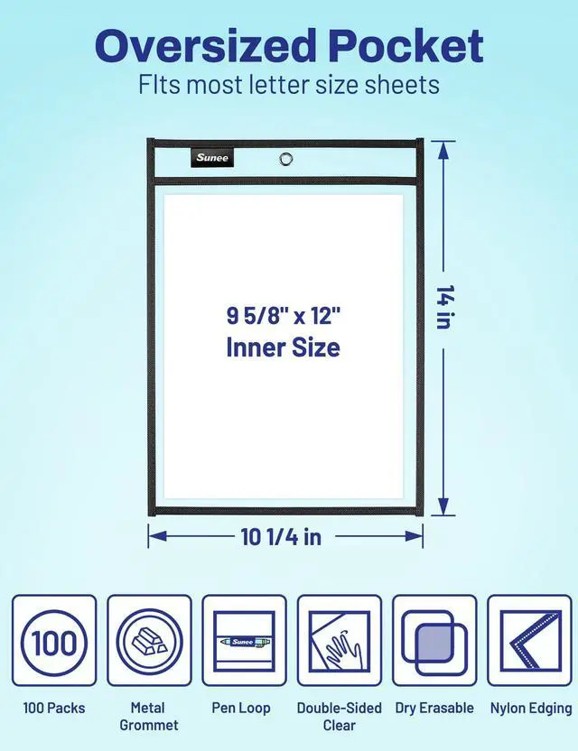 Alt view image 2 of 6 - 100 Packs Oversized Reusable Dry Erase Pocket Sleeves with 5 Rings, Black 10x14 Ticket Holders, Clear Plastic Sheet Protectors, Teacher School Classroom Supplies