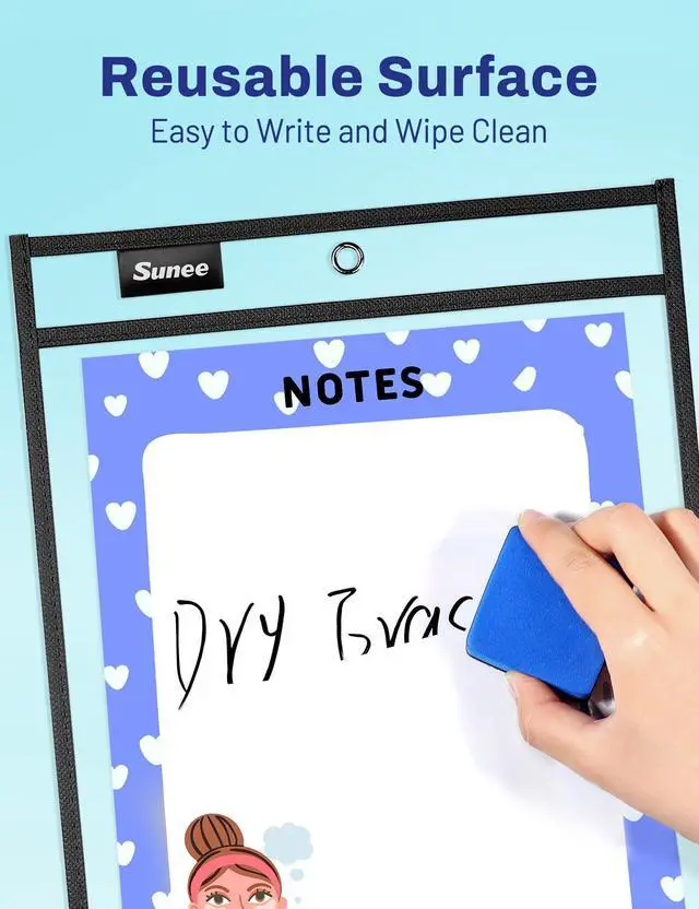 Alt view image 3 of 6 - 100 Packs Oversized Reusable Dry Erase Pocket Sleeves with 5 Rings, Black 10x14 Ticket Holders, Clear Plastic Sheet Protectors, Teacher School Classroom Supplies