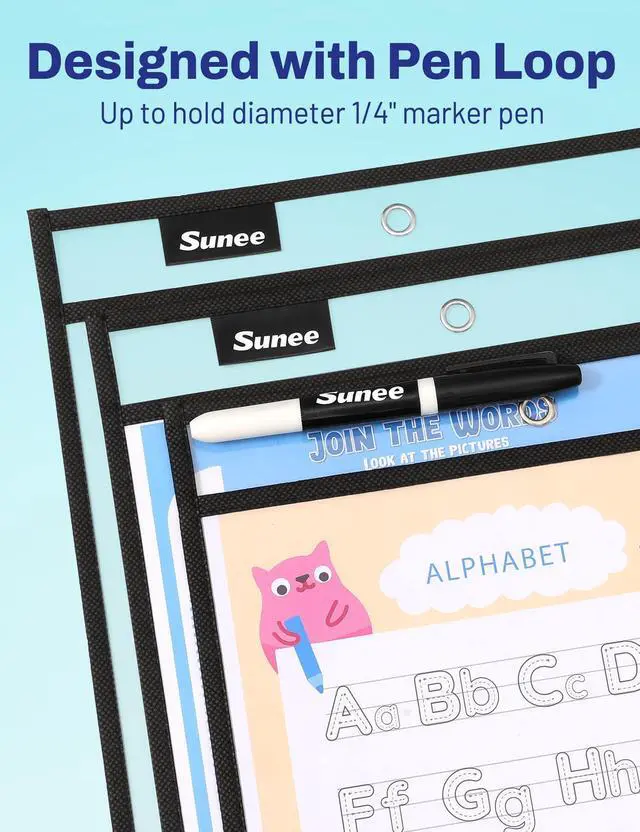 Alt view image 4 of 6 - 100 Packs Oversized Reusable Dry Erase Pocket Sleeves with 5 Rings, Black 10x14 Ticket Holders, Clear Plastic Sheet Protectors, Teacher School Classroom Supplies