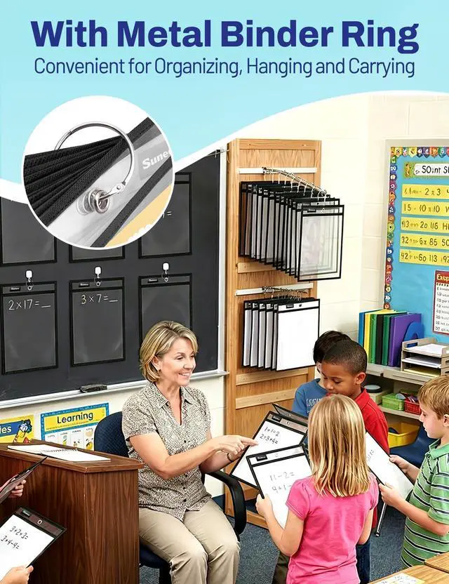 Alt view image 6 of 6 - 100 Packs Oversized Reusable Dry Erase Pocket Sleeves with 5 Rings, Black 10x14 Ticket Holders, Clear Plastic Sheet Protectors, Teacher School Classroom Supplies