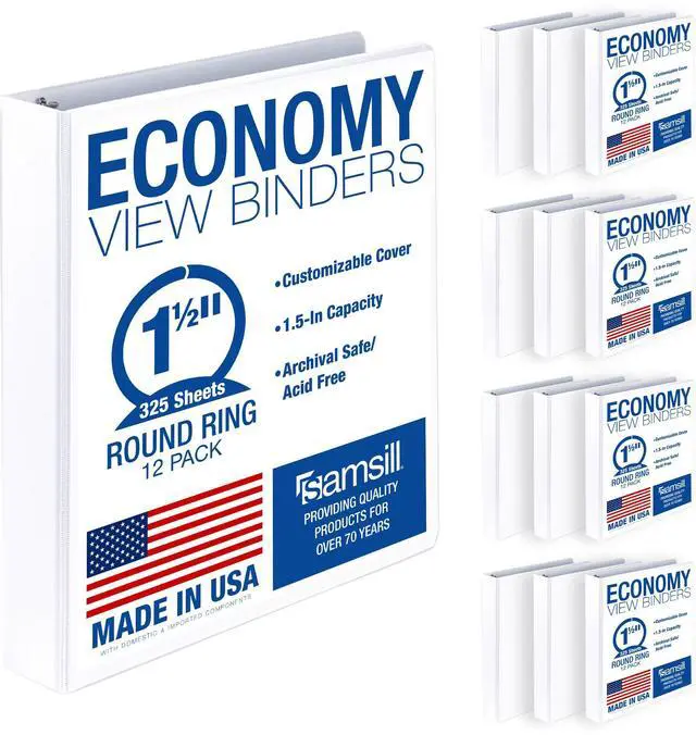 Main image of 1.5 Inch 3 Ring Binders, Economy Round Ring, Clear View Cover, 325 Sheet Capacity - for School, Home, Office - White, 12 Pack