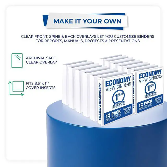 Alt view image 2 of 6 - 1.5 Inch 3 Ring Binders, Economy Round Ring, Clear View Cover, 325 Sheet Capacity - for School, Home, Office - White, 12 Pack