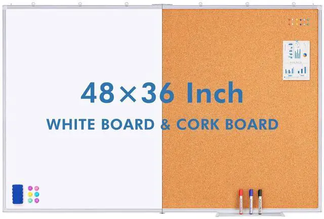 Main image of Magnetic White & Cork Board Combo 48" x 36" Aluminum Frame | Dry Erase Bulletin Board, Wall Mounted or Hanging. Dual-function Surface for Writing & Pinning. Ideal for Home, Office, Shool