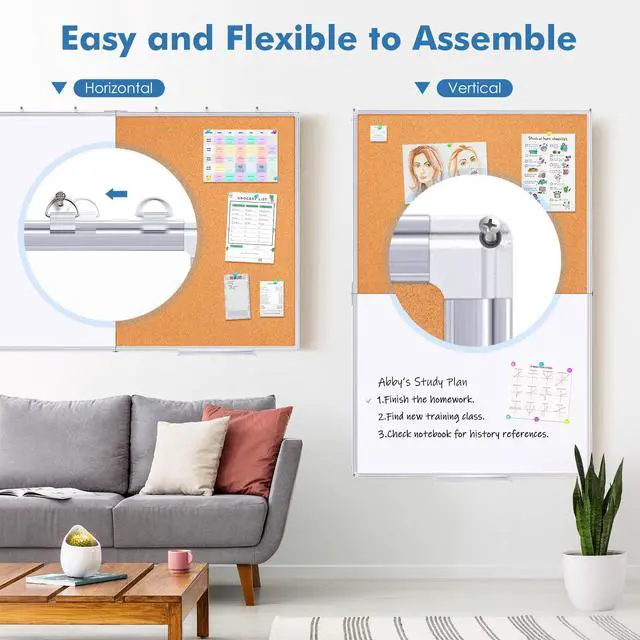 Alt view image 2 of 6 - Magnetic White & Cork Board Combo 48" x 36" Aluminum Frame | Dry Erase Bulletin Board, Wall Mounted or Hanging. Dual-function Surface for Writing & Pinning. Ideal for Home, Office, Shool