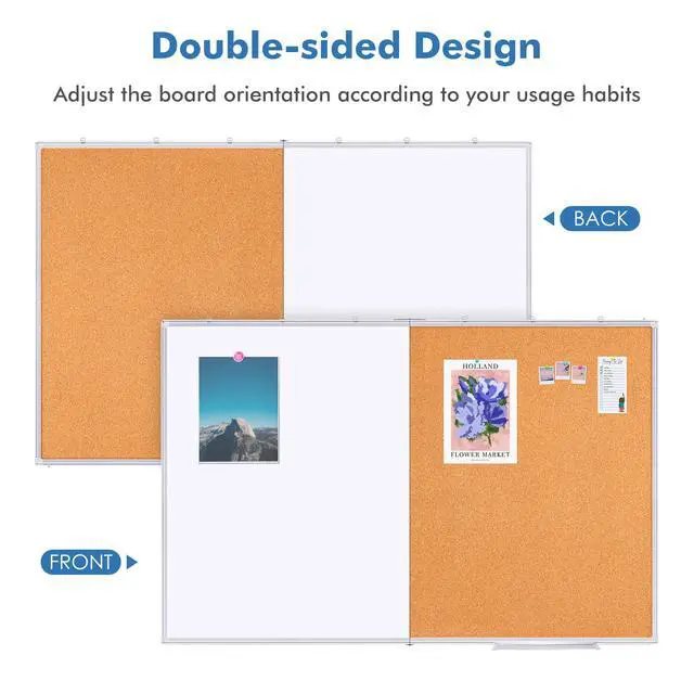 Alt view image 3 of 6 - Magnetic White & Cork Board Combo 48" x 36" Aluminum Frame | Dry Erase Bulletin Board, Wall Mounted or Hanging. Dual-function Surface for Writing & Pinning. Ideal for Home, Office, Shool