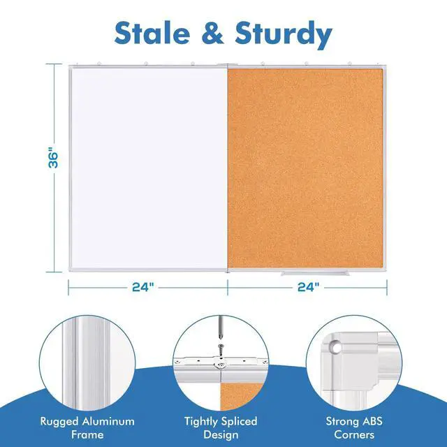 Alt view image 4 of 6 - Magnetic White & Cork Board Combo 48" x 36" Aluminum Frame | Dry Erase Bulletin Board, Wall Mounted or Hanging. Dual-function Surface for Writing & Pinning. Ideal for Home, Office, Shool