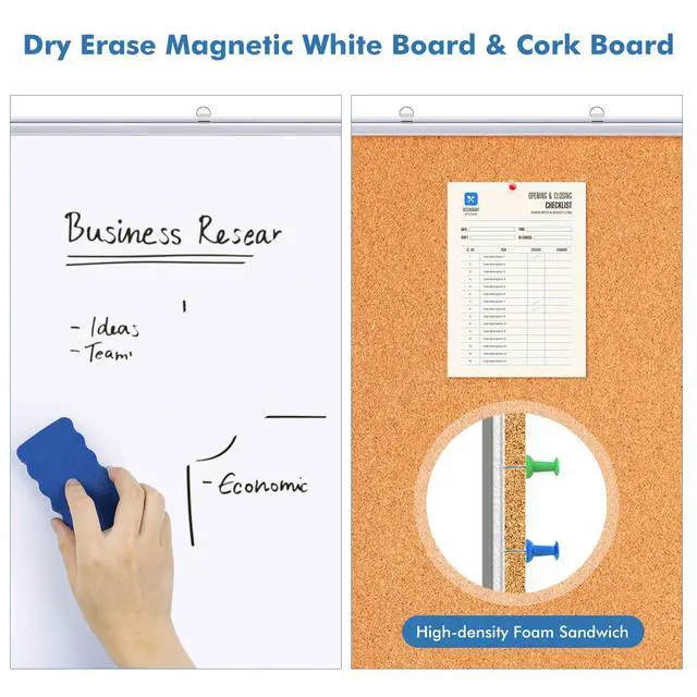 Alt view image 6 of 6 - Magnetic White & Cork Board Combo 48" x 36" Aluminum Frame | Dry Erase Bulletin Board, Wall Mounted or Hanging. Dual-function Surface for Writing & Pinning. Ideal for Home, Office, Shool