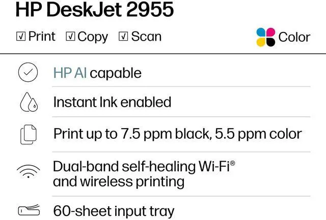 Alt view image 2 of 6 - DeskJet 2955 Wireless All-in-One Color Inkjet Printer, Scanner, Copier, Best-for-Home, 3 Month Trial of Instant Ink Included, AI-Capable (A24HJA)