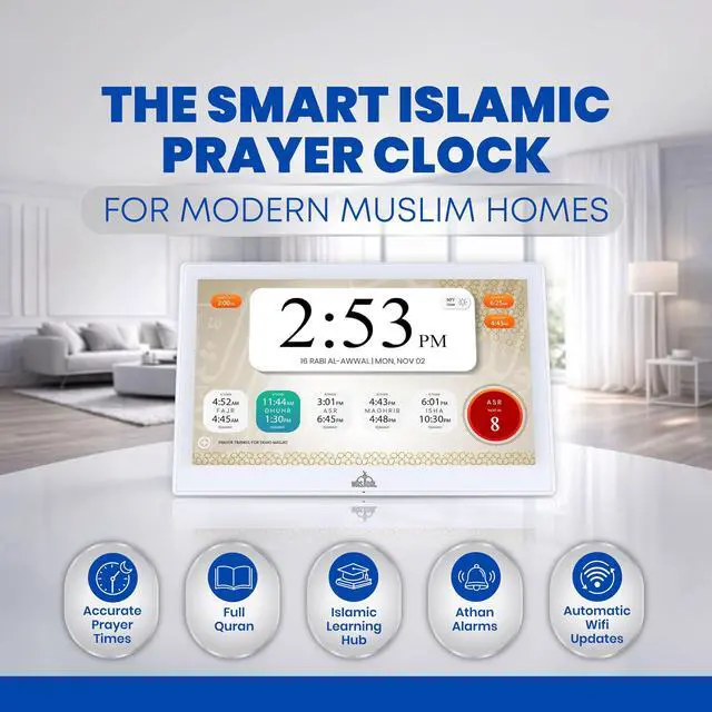 Alt view image 2 of 6 - 14" Smart WiFi Digital Azan Clock & Islamic Prayer Frame Automatic Worldwide Prayer & Iqamah Times, Full Quran Player, Athan Alarm, Ramadan Clock, Touchscreen Muslim Home Display, White