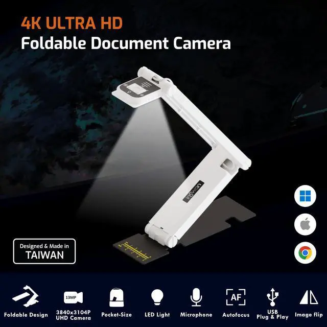 Alt view image 2 of 6 - INS-Flip 4 Foldable 4K 13MP Document Camera, LED, Mic,Light 0.67 lbs | Auto Focus, Plug & Play, Portable design, ultra-slim 0.68, Works with Windows/Mac/Chromebook, Ideal for teaching & learning