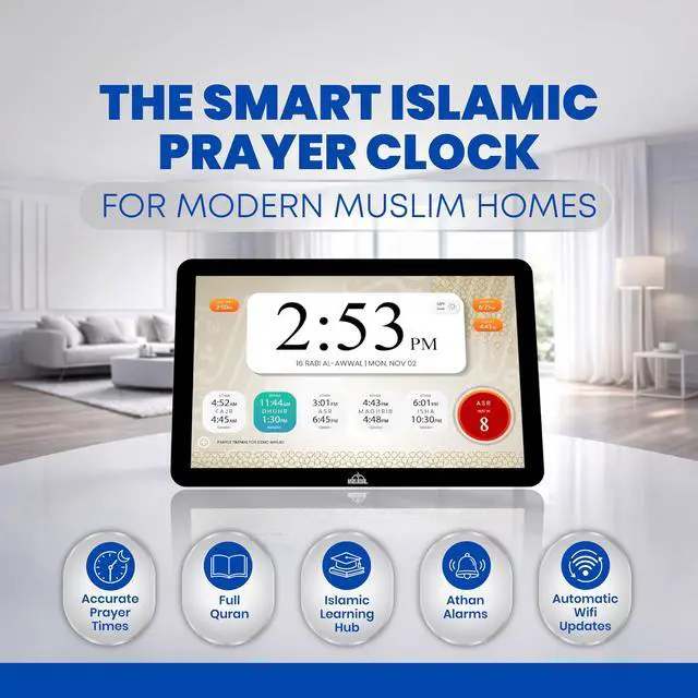 Alt view image 2 of 6 - 14" Smart WiFi Digital Azan Clock & Islamic Prayer Frame Automatic Worldwide Prayer & Iqamah Times, Full Quran Player, Athan Alarm, Ramadan Clock, Touchscreen Muslim Home Display, Black