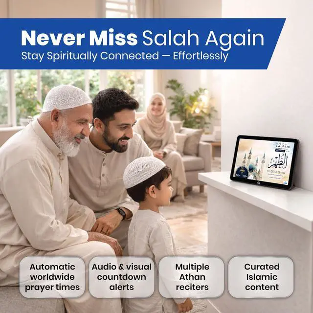 Alt view image 4 of 6 - 14" Smart WiFi Digital Azan Clock & Islamic Prayer Frame Automatic Worldwide Prayer & Iqamah Times, Full Quran Player, Athan Alarm, Ramadan Clock, Touchscreen Muslim Home Display, Black