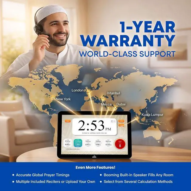 Alt view image 6 of 6 - 14" Smart WiFi Digital Azan Clock & Islamic Prayer Frame Automatic Worldwide Prayer & Iqamah Times, Full Quran Player, Athan Alarm, Ramadan Clock, Touchscreen Muslim Home Display, Black