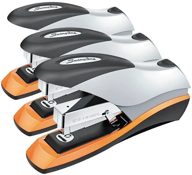 Main image of Stapler, 70 Sheet Capacity, Optima 70, Jam Free, Reduced Effort, Soft Grip, Metal, Silver/Black/Orange (87875) (Pack of 3)
