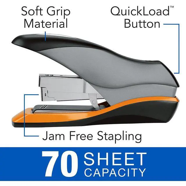 Alt view image 2 of 5 - Stapler, 70 Sheet Capacity, Optima 70, Jam Free, Reduced Effort, Soft Grip, Metal, Silver/Black/Orange (87875) (Pack of 3)